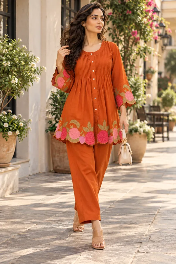 Orange_Cotton_Kurta_Pant_Set_For_Women