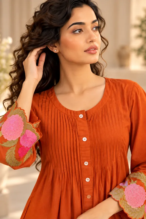 Orange_Cotton_Kurta_Pant_Set_For_Women