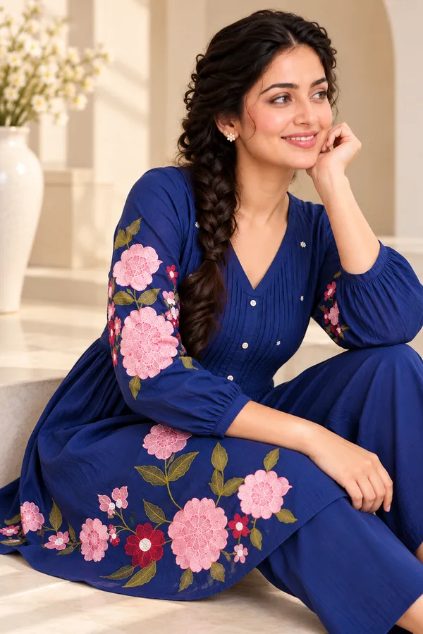Navy_Blue_Cotton_Kurta_Pant_Set_For_Women