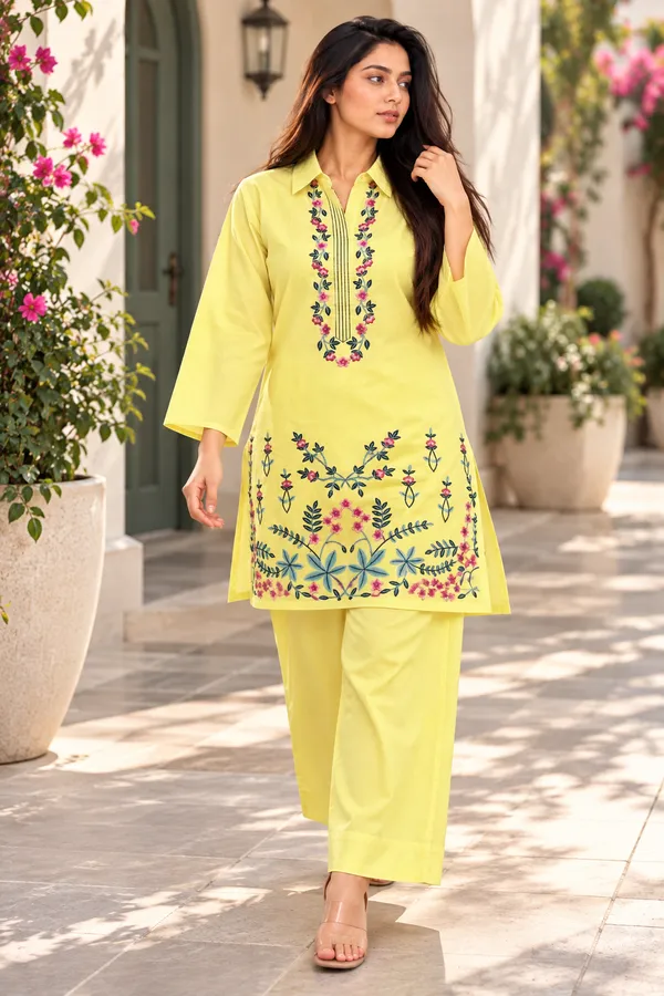 Yellow_Cotton_Bell_Sleeve_Kurta_Pant_Set_For_Women