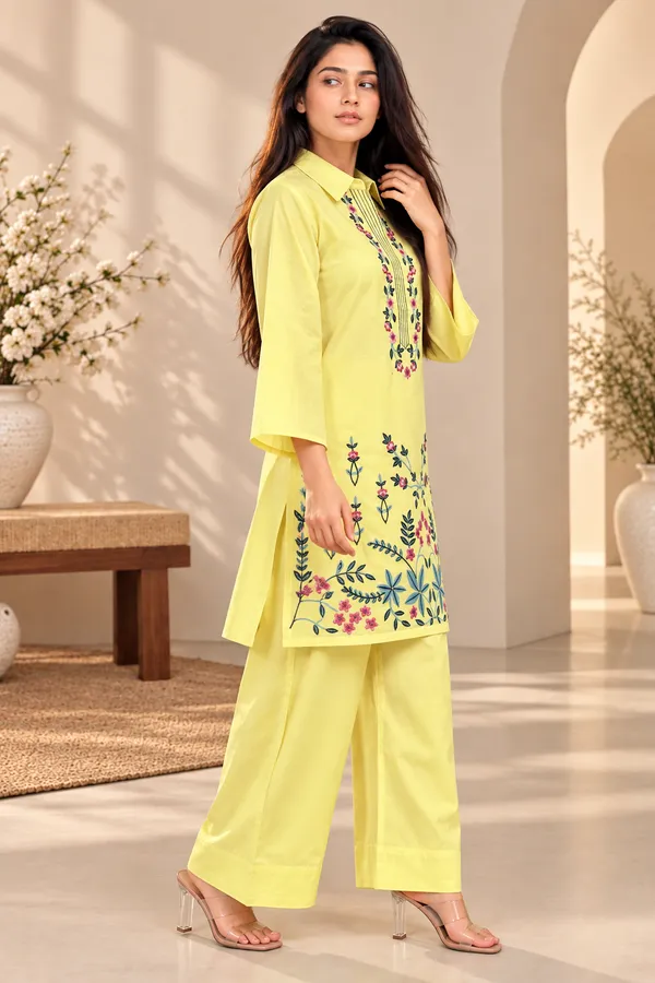 Yellow_Cotton_Bell_Sleeve_Kurta_Pant_Set_For_Women