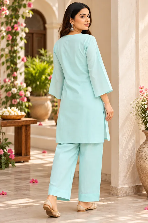 Blue_Cotton_Three-Quarter_Sleeve_Kurta_Pant_Set_For_Women