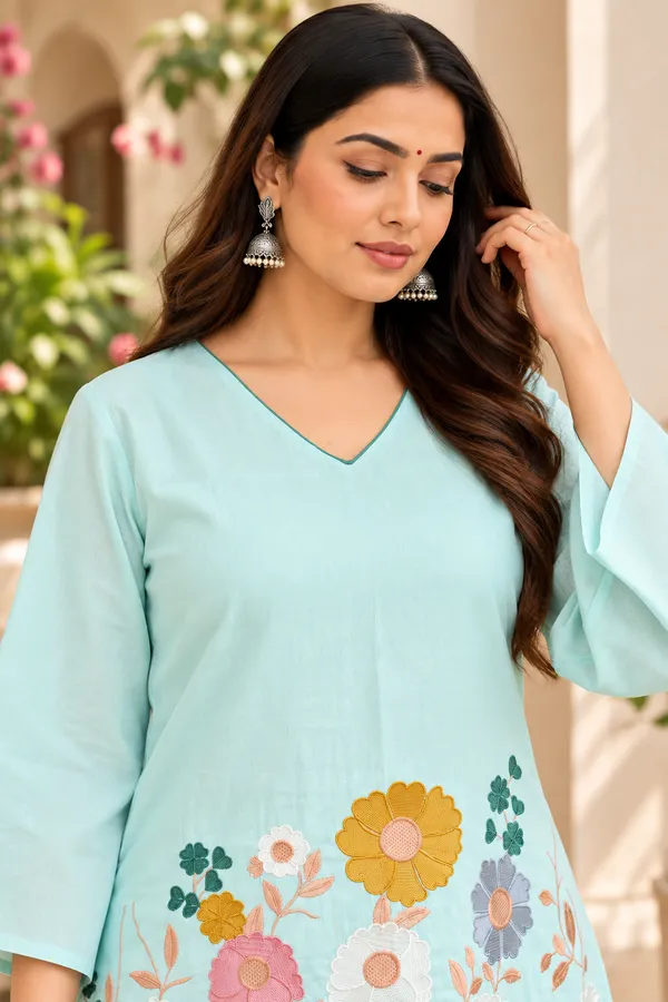 Blue_Cotton_Three-Quarter_Sleeve_Kurta_Pant_Set_For_Women
