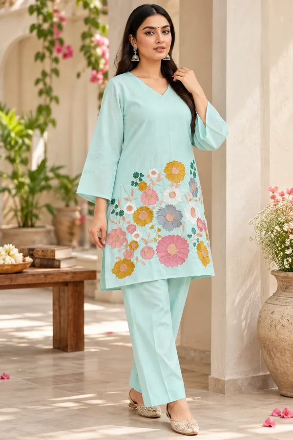 Blue_Cotton_Three-Quarter_Sleeve_Kurta_Pant_Set_For_Women