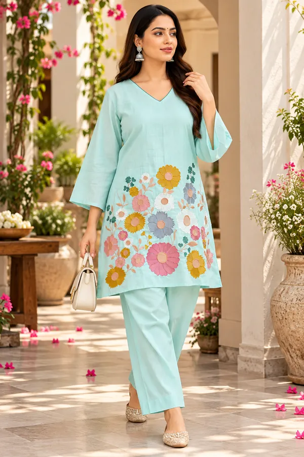 Blue_Cotton_Three-Quarter_Sleeve_Kurta_Pant_Set_For_Women