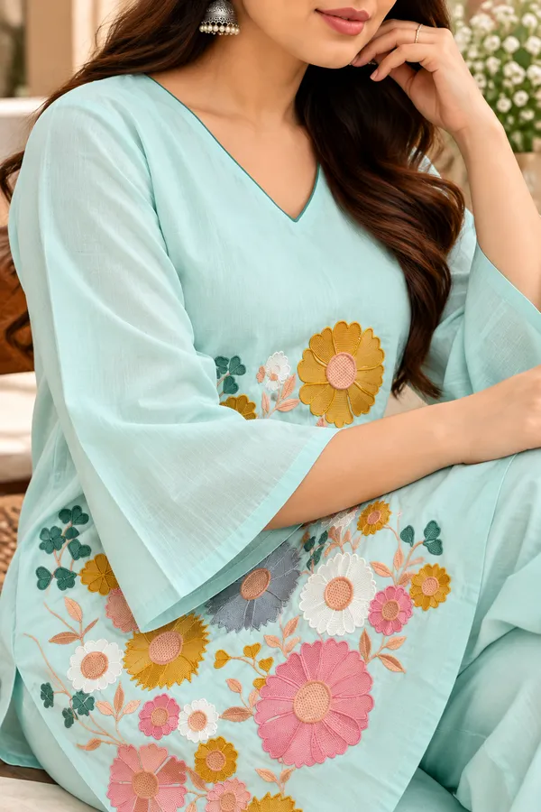 Blue_Cotton_Three-Quarter_Sleeve_Kurta_Pant_Set_For_Women