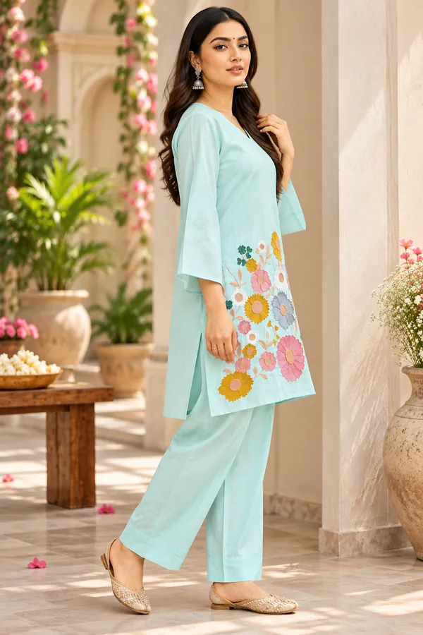 Blue_Cotton_Three-Quarter_Sleeve_Kurta_Pant_Set_For_Women