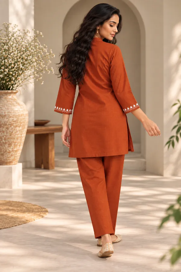 Rust_Cotton_Full_Sleeve_Co-Ord_Set_For_Women