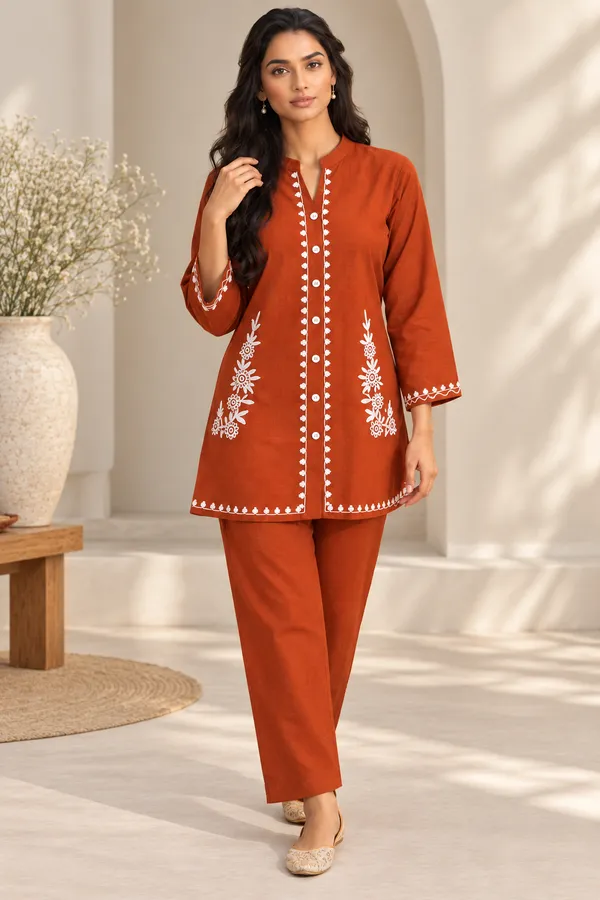 Rust_Cotton_Full_Sleeve_Co-Ord_Set_For_Women