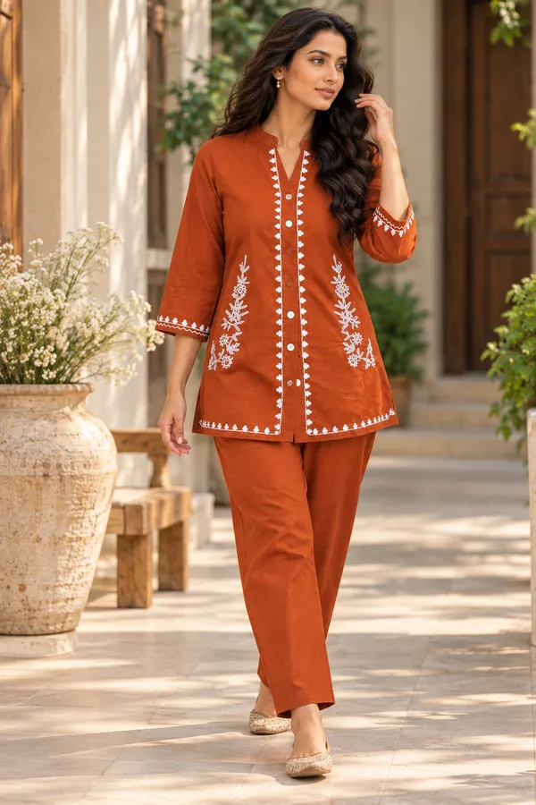 Rust_Cotton_Full_Sleeve_Co-Ord_Set_For_Women