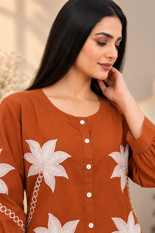 Rust_Brown_Cotton_Full_Sleeve_Kurta_Pant_Set_For_Women