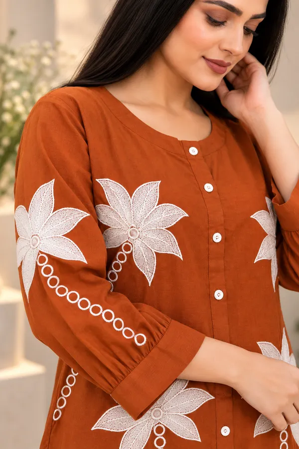 Rust_Brown_Cotton_Full_Sleeve_Kurta_Pant_Set_For_Women
