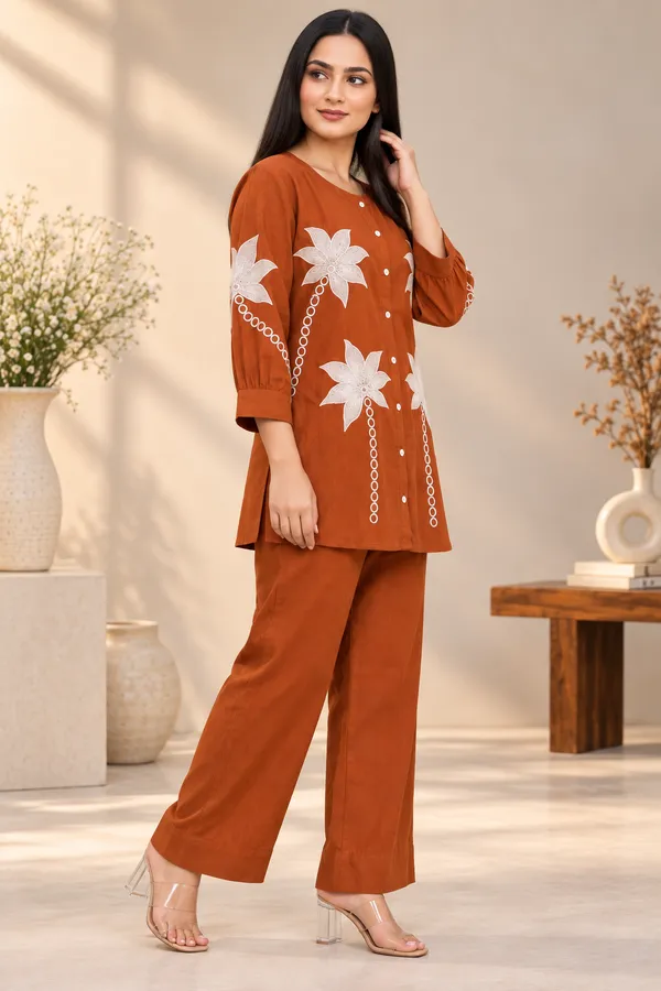 Rust_Brown_Cotton_Full_Sleeve_Kurta_Pant_Set_For_Women
