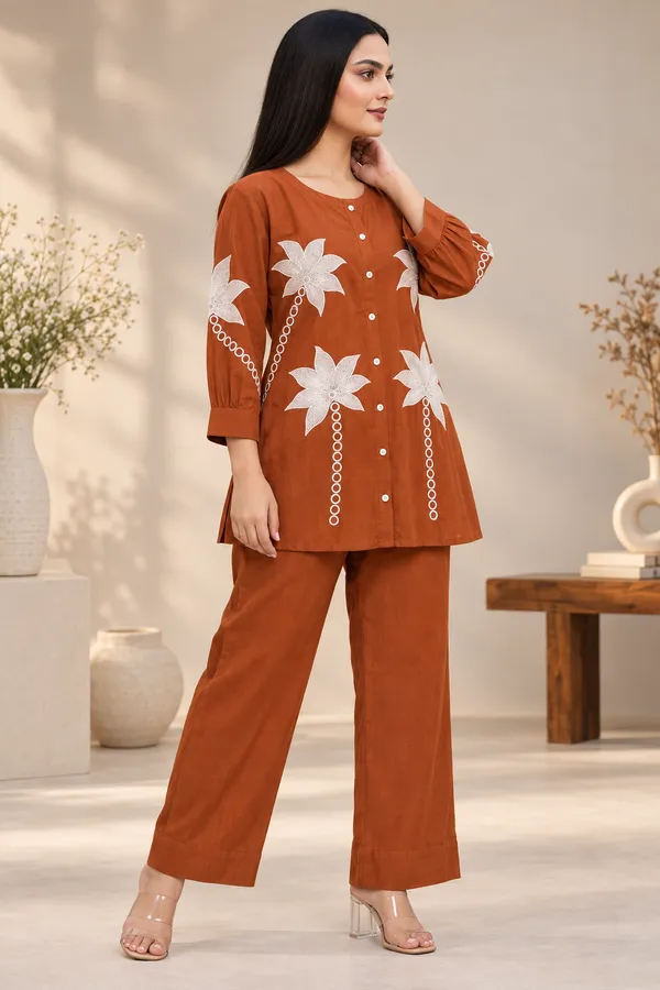 Rust_Brown_Cotton_Full_Sleeve_Kurta_Pant_Set_For_Women