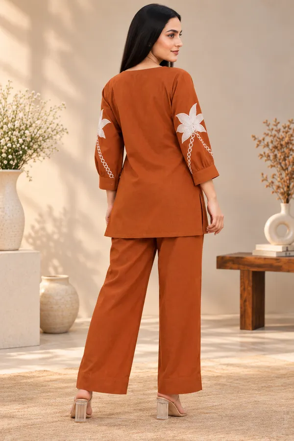 Rust_Brown_Cotton_Full_Sleeve_Kurta_Pant_Set_For_Women