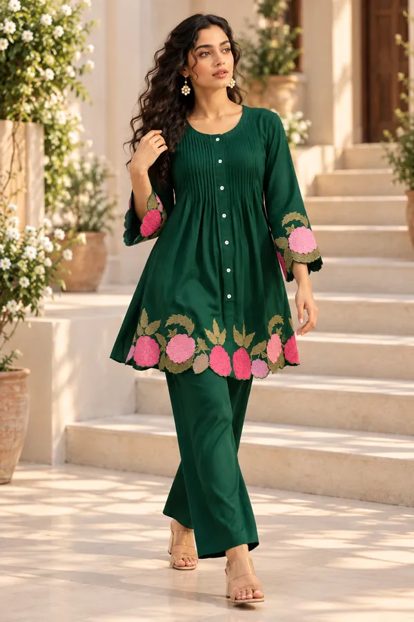 Dark_Green_Cotton_Kurta_Pant_Set_For_Women