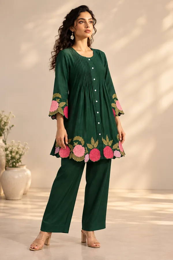 Dark_Green_Cotton_Kurta_Pant_Set_For_Women