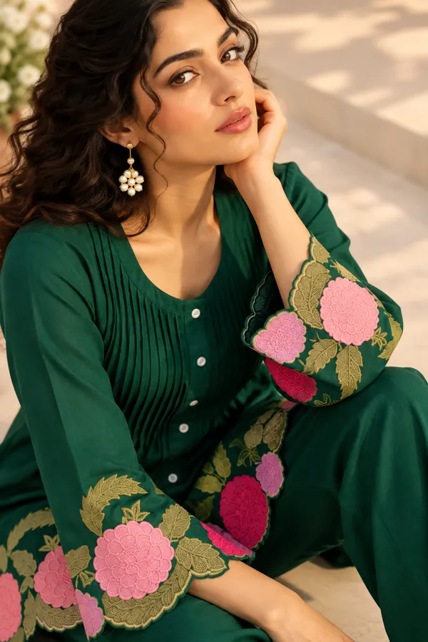 Dark_Green_Cotton_Kurta_Pant_Set_For_Women