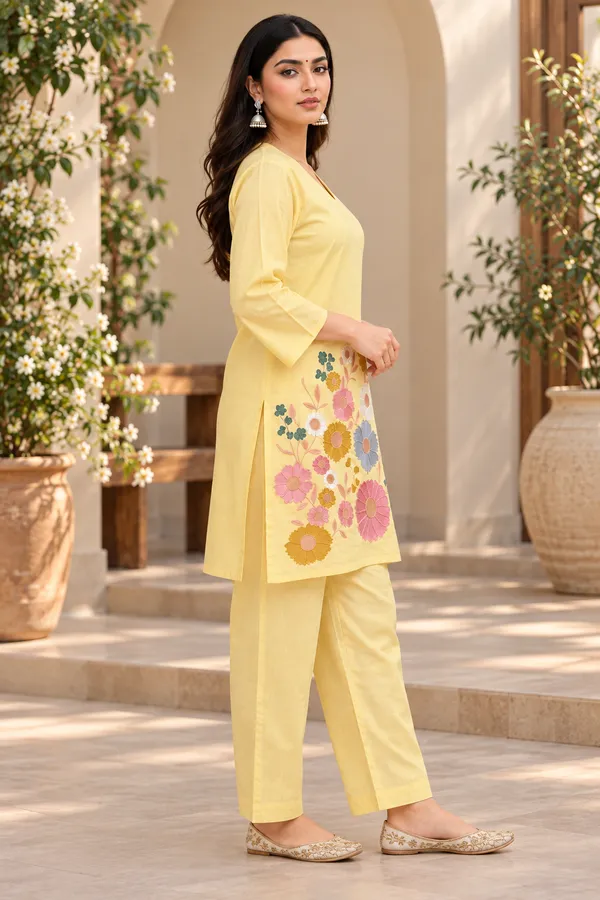 Yellow_Cotton_Three-Quarter_Sleeve_Kurta_Pant_Set_For_Women