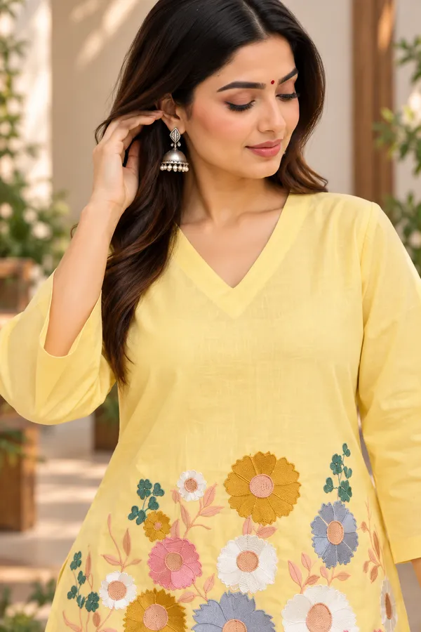Yellow_Cotton_Three-Quarter_Sleeve_Kurta_Pant_Set_For_Women