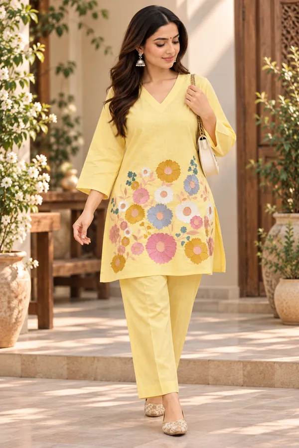 Yellow_Cotton_Three-Quarter_Sleeve_Kurta_Pant_Set_For_Women