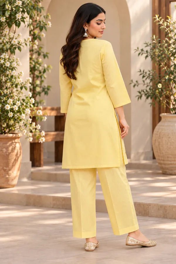 Yellow_Cotton_Three-Quarter_Sleeve_Kurta_Pant_Set_For_Women