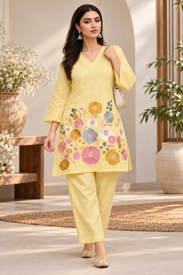Yellow_Cotton_Three-Quarter_Sleeve_Kurta_Pant_Set_For_Women