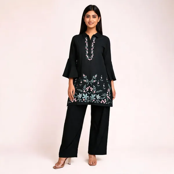 Black_Cotton_Bell_Sleeve_Kurta_Pant_Set_For_Women
