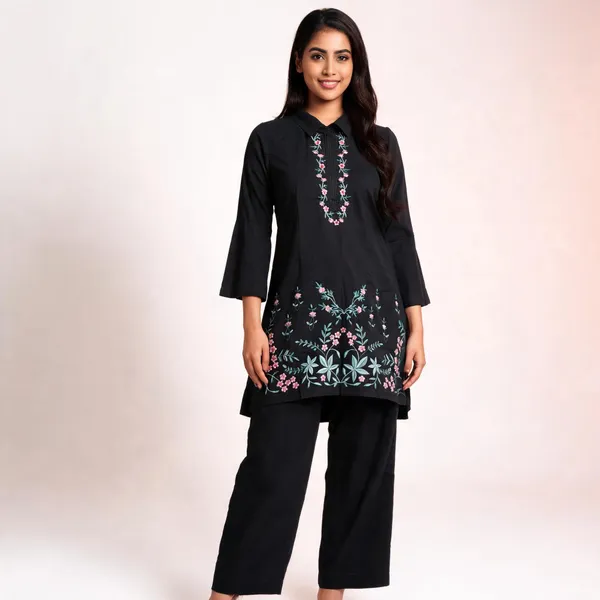 Black_Cotton_Bell_Sleeve_Kurta_Pant_Set_For_Women