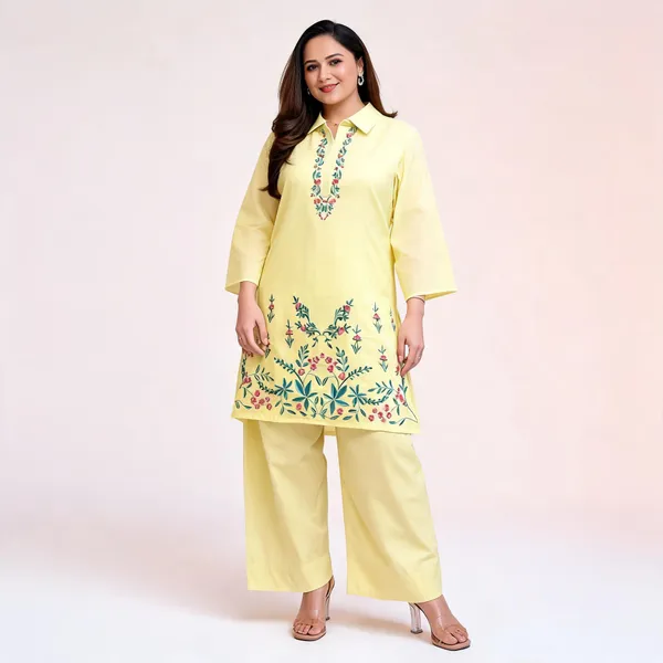 Yellow_Cotton_Bell_Sleeve_Kurta_Pant_Set_For_Women