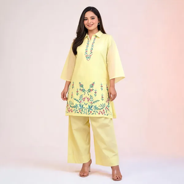 Yellow_Cotton_Bell_Sleeve_Kurta_Pant_Set_For_Women