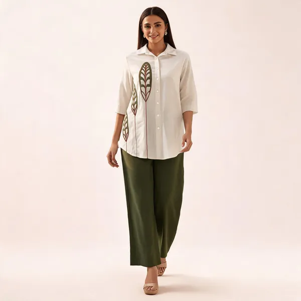 White_Olive_Green_Cotton_Co-Ord_Set_For_Women