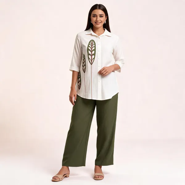 White_Olive_Green_Cotton_Co-Ord_Set_For_Women