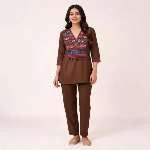 Brown_Cotton_V-Neck_Co-Ord_Set_For_Women