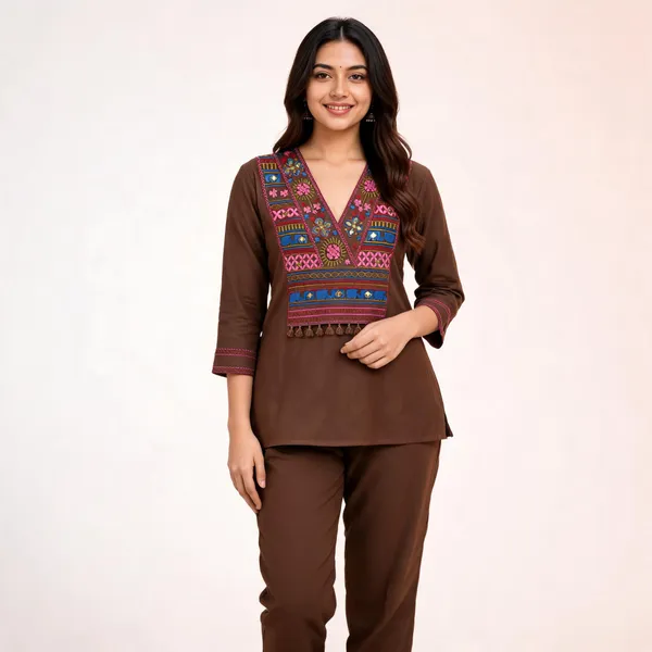 Brown_Cotton_V-Neck_Co-Ord_Set_For_Women