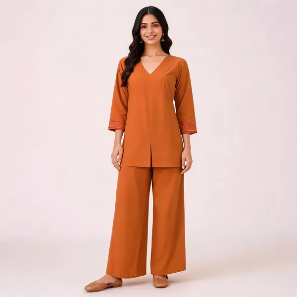 Orange_Cotton_V-Neck_Co-Ord_Set_For_Women