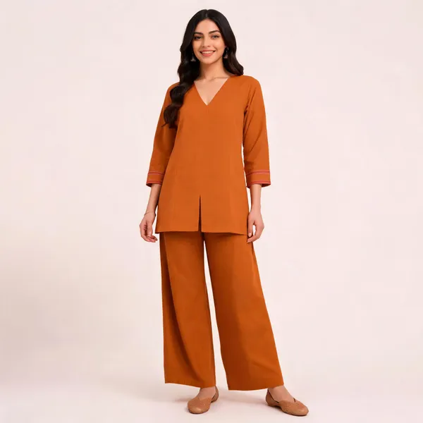 Orange_Cotton_V-Neck_Co-Ord_Set_For_Women