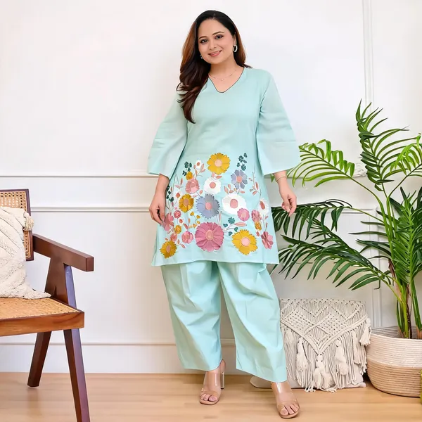 Blue_Cotton_Three-Quarter_Sleeve_Kurta_Pant_Set_For_Women