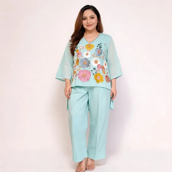 Blue_Cotton_Three-Quarter_Sleeve_Kurta_Pant_Set_For_Women