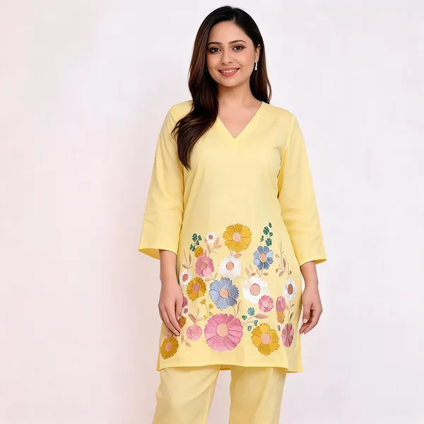 Yellow_Cotton_Three-Quarter_Sleeve_Kurta_Pant_Set_For_Women