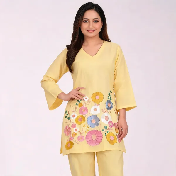 Yellow_Cotton_Three-Quarter_Sleeve_Kurta_Pant_Set_For_Women