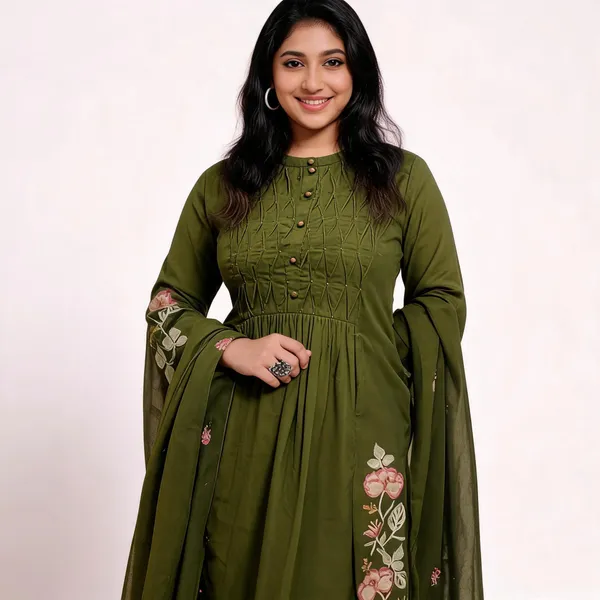Olive_Green_Cotton_3_Piece_Long_Set_For_Women