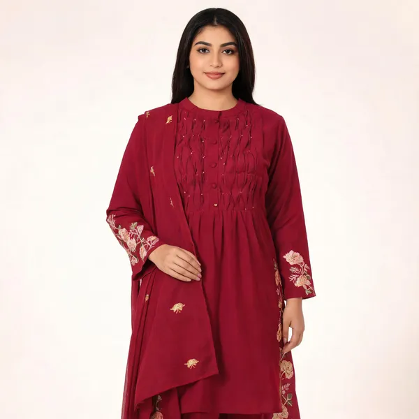 Maroon_Cotton_3_Piece_Long_Set_For_Women