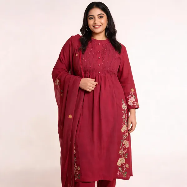 Maroon_Cotton_3_Piece_Long_Set_For_Women