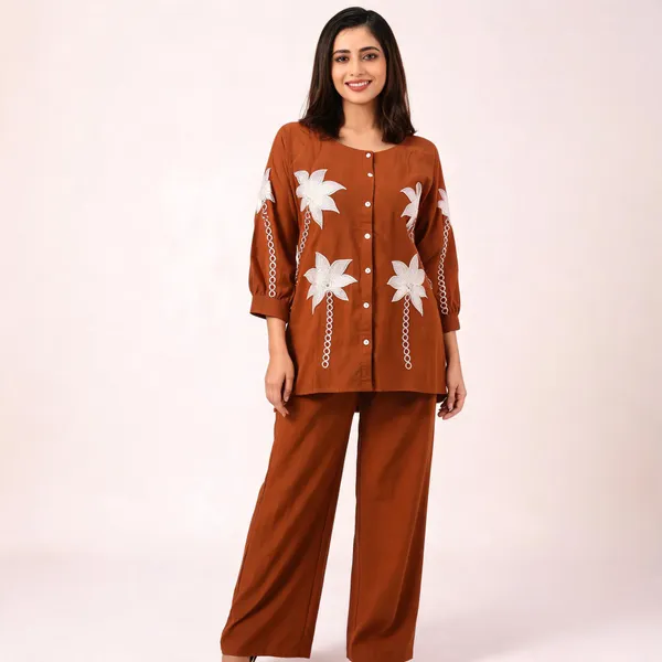 Rust_Brown_Cotton_Full_Sleeve_Kurta_Pant_Set_For_Women