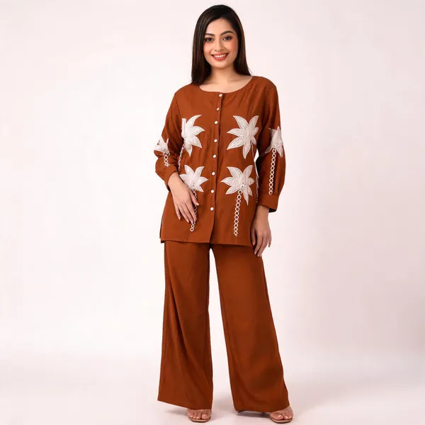 Rust_Brown_Cotton_Full_Sleeve_Kurta_Pant_Set_For_Women