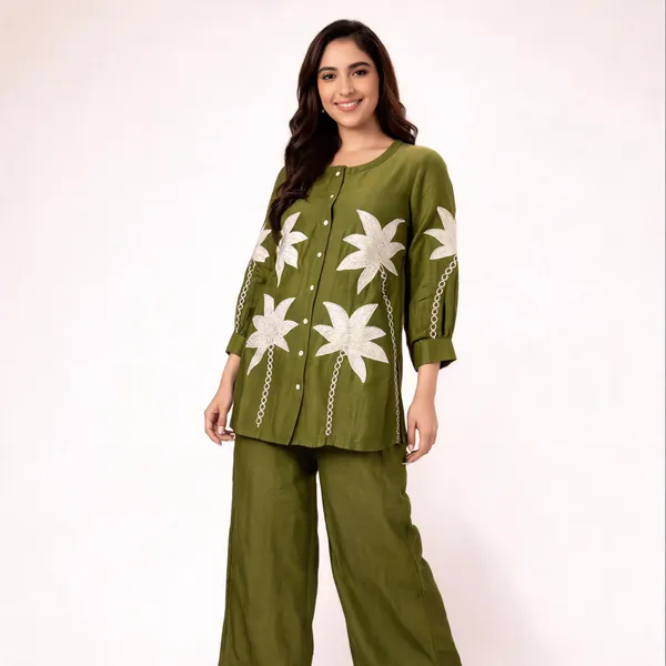 Olive_Green_Cotton_Full_Sleeve_Kurta_Pant_Set_For_Women