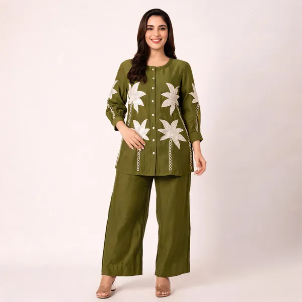 Olive_Green_Cotton_Full_Sleeve_Kurta_Pant_Set_For_Women