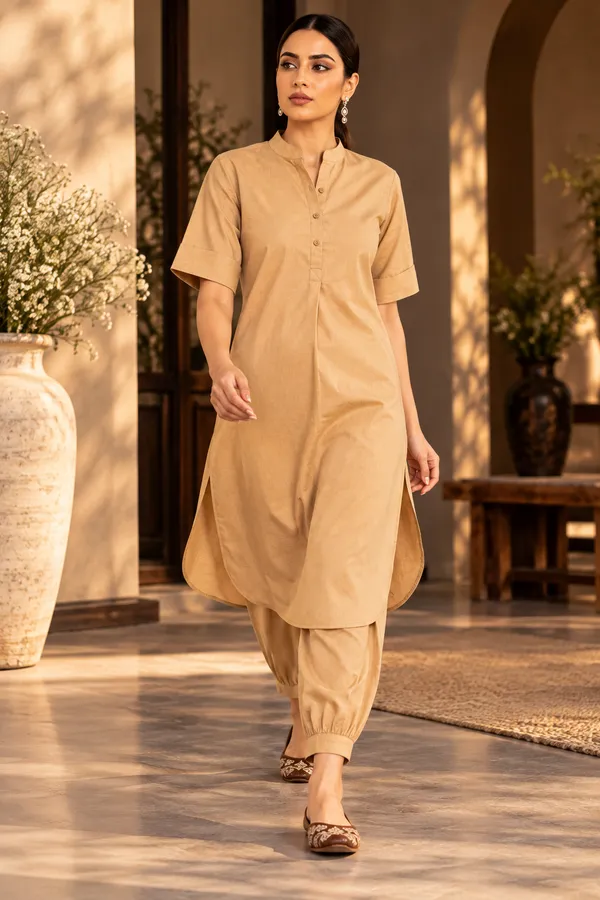 Beige_Cotton_Pathani_Set_For_Women