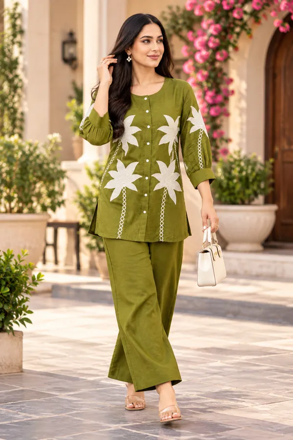 Olive_Green_Cotton_Full_Sleeve_Kurta_Pant_Set_For_Women